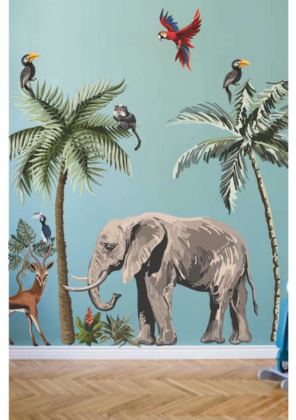 Fil, Kuşlar ve Ağaçlar Safari Tropikal Hayvanlar ve Ağaçlar Çocuk Bebek Odası Duvar Sticker