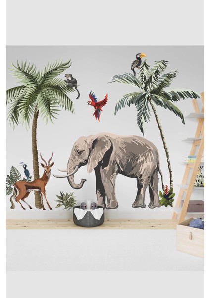 Fil, Kuşlar ve Ağaçlar Safari Tropikal Hayvanlar ve Ağaçlar Çocuk Bebek Odası Duvar Sticker fiyatları