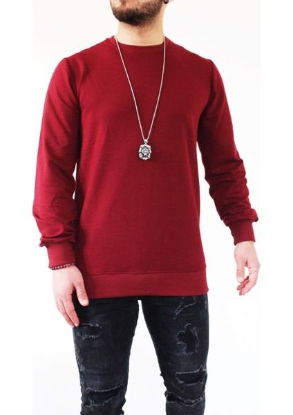 Erkek Sweatshirt-Bordo Sweatshirt-Düz Renk Sweat Shirt-Bisiklet Yaka Sweatshirt