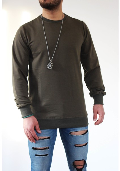 Erkek Sweatshirt-Haki Sweatshirt-Düz Renk Sweat Shirt-Bisiklet Yaka Sweatshirt
