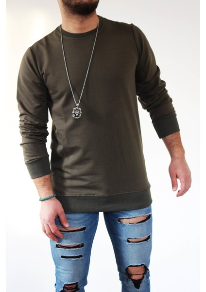 Erkek Sweatshirt-Haki Sweatshirt-Düz Renk Sweat Shirt-Bisiklet Yaka Sweatshirt modelleri