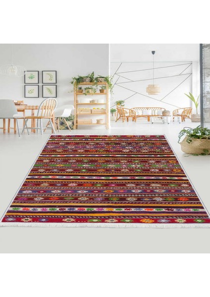Makinede Yıkanabilen Leke Tutmaz Kolay Temizlenir Dokuma Taban Kumaş Üzerine Dijital Baskı Saçaklı Halı 80 x 140 cm