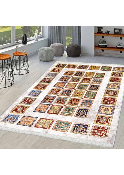 Makinede Yıkanabilen Leke Tutmaz Kolay Temizlenir Dokuma Taban Kumaş Üzerine Dijital Baskı Saçaklı Halı 80 x 140 cm