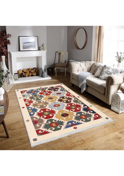 Makinede Yıkanabilen Leke Tutmaz Kolay Temizlenir Dokuma Taban Kumaş Üzerine Dijital Baskı Saçaklı Halı 100 x 200 cm