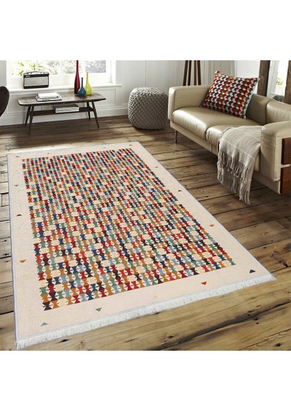 Makinede Yıkanabilen Leke Tutmaz Kolay Temizlenir Dokuma Taban Kumaş Üzerine Dijital Baskı Saçaklı Halı 80 x 140 cm