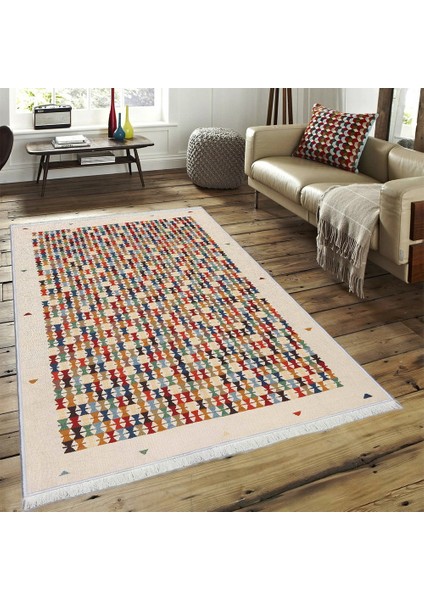 Makinede Yıkanabilen Leke Tutmaz Kolay Temizlenir Dokuma Taban Kumaş Üzerine Dijital Baskı Saçaklı Halı 130 x 180 cm