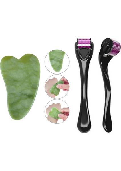 Gua Sha Yüz Masaj Krem Taşı & Dermaroller 05 mm Cilt Yüz Bakım Seti