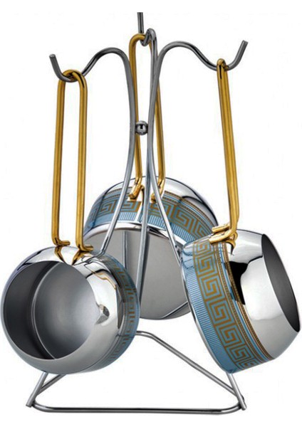 Artuklu Turkuaz Dekorlu Gold 3'lü Cezve Seti Standlı