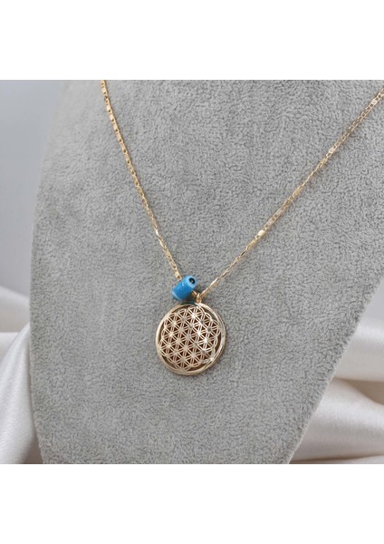 Mavi Nazar Boncuklu Gold Yuvarlak Detay Kolye