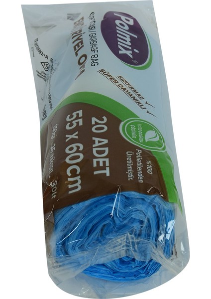 Çöp Torbası Orta Boy 55 x 60 cm 150 gr 25 Mikron 30 Lt Mavi Rulo 20 'li