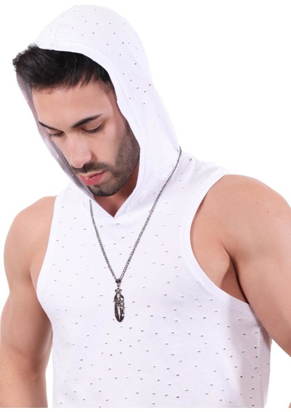 Erkek Metalik Antrasit Lak Kaplama Gotik Kurukafa & Şans Tüyü Simge Uçlu Kolye