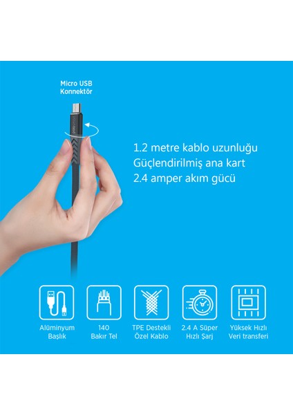 PSM21 Micro USB Hızlı Şarj Kablosu 1.2m Siyah