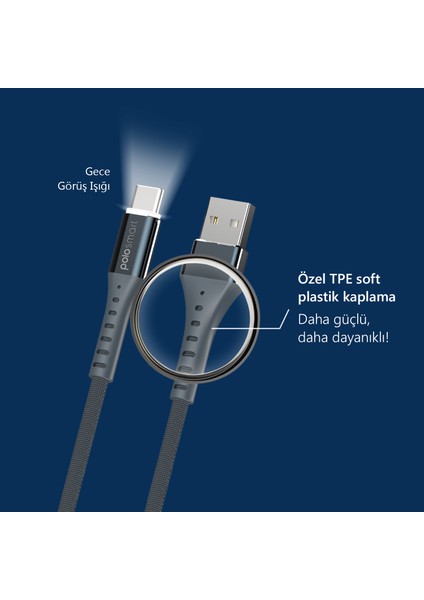 PSM26 Type-C LED Aydınlatmalı Şarj ve Data Kablosu