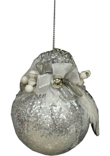 Yılbaşı Gümüş Top Tekli Pullu Asma Süs 20 cm