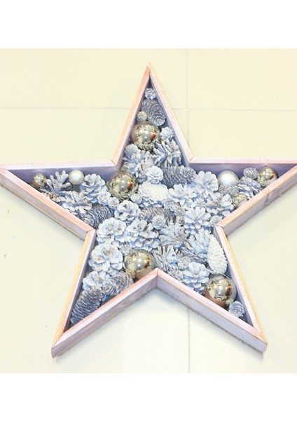Yılbaşı Ahşap Yıldız Kozalaklı Gümüş Dekor Süs 50 cm