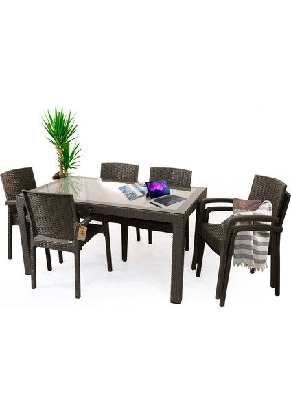 Violet 6 Kişilik 90X150 Camlı Rattan Desenli Masa Takımı 4 Renk Seçeneği