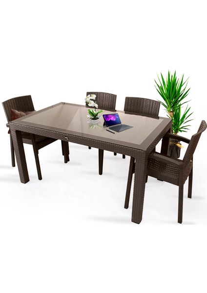 Violet Rattan Desenli 4 Kişilik 90X150 Camlı Bahçe Takımı