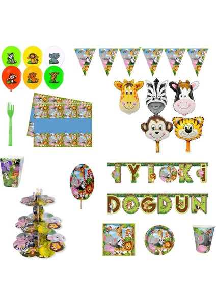 Safari Temalı 8 Kişilik Full Parti Malzemeleri Doğum Günü Süsleri 2