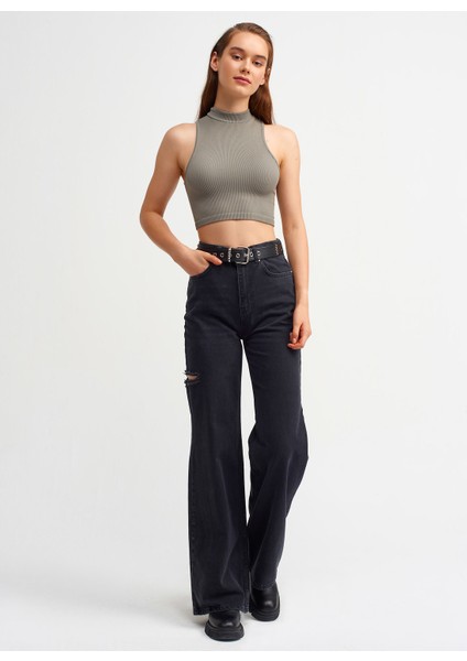 3587 Balıkçı Yaka Kolsuz Crop Top-Haki