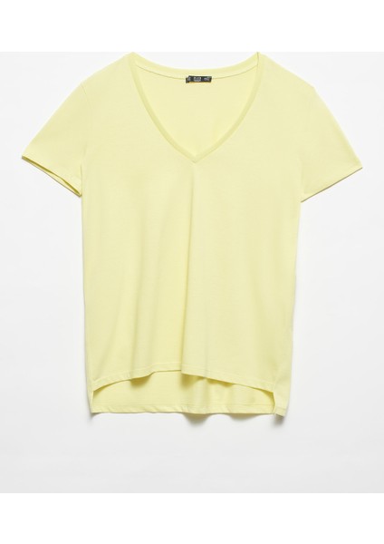 3470 V Yaka Basic T-Shirt-Açık Sarı fiyatları