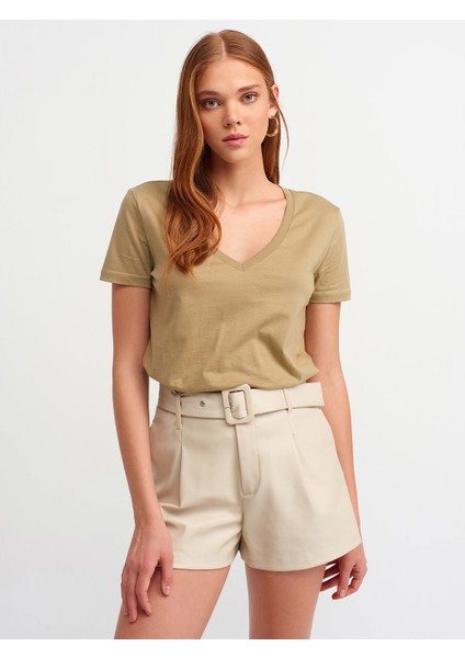 3470 V Yaka Basic T-Shirt-Haki