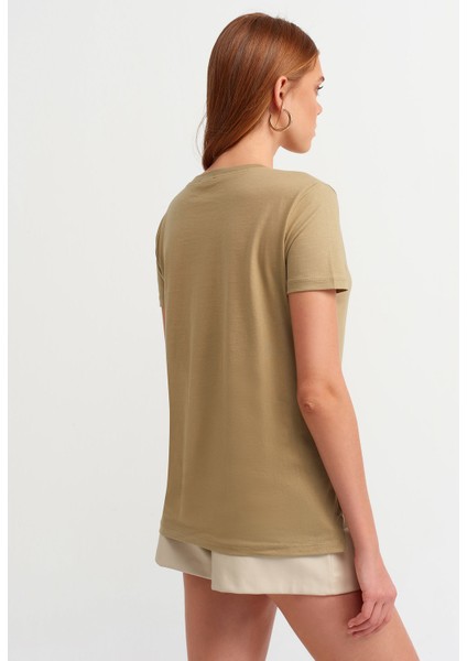 3470 V Yaka Basic T-Shirt-Haki fiyatları