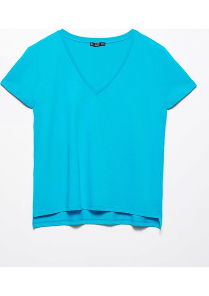3470 V Yaka Basic T-Shirt-Mavi