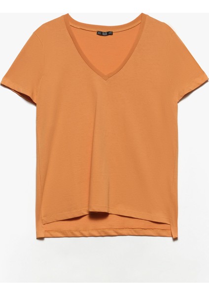 3470 V Yaka Basic T-Shirt-Şeftali