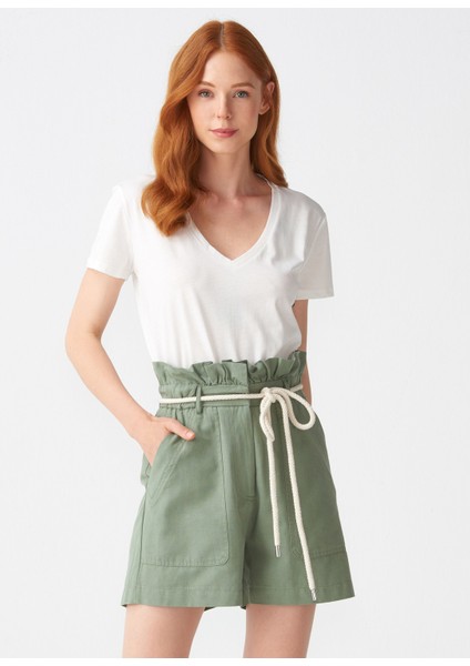 3470 V Yaka Basic T-Shirt-Ekru