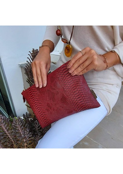 Clutch Bag Suni Yılan Deri Kadın Çanta Bordo