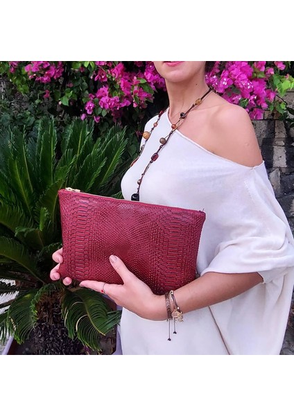 Clutch Bag Suni Yılan Deri Kadın Çanta Bordo