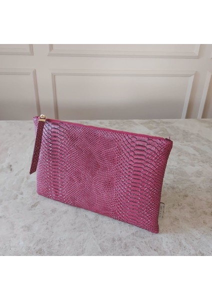 Clutch Bag Suni Yılan Deri Kadın Çanta Bordo