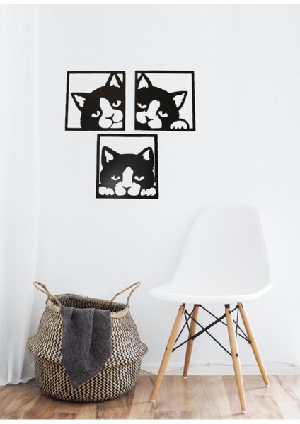 Kedi Set (3 Parça) - Siyah Dekoratif Mdf Tablo