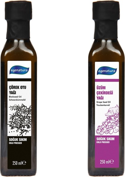 250 ml Çörekotu YAĞI+250 ml Üzüm Çekirdeği Yağı 2X250 ml Soğuk Sıkım Cam Şişe