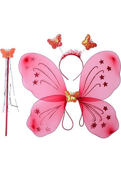 Kırmızı Renk Kelebek Kanat Set 50 cm Kanat Asa Taç 3 Lü Set
