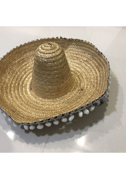 Beyaz Renk Ponponlu Meksikalı Hasır Mariachi Şapkası 56 cm Çocuk
