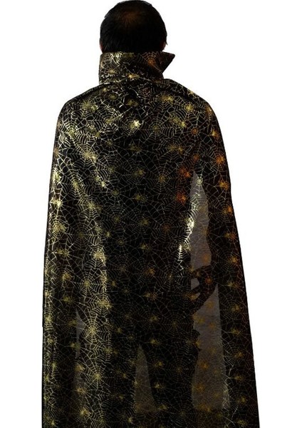 Halloween Örümcek Ağı Desenli Yetişkin Pelerini 120 cm Altın Renk