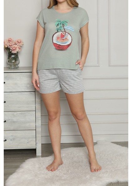 Yeşil Kadın Şortlu Pijama Takımı Kısa Kollu Cepli Pamuk