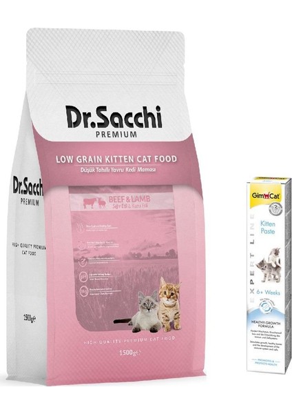 Dr. Sacchi Dr Sacchi Kitten Sığır Kuzu Az Tahıl Yavru Kedi Mama 1,5 Kg+Gimcat 50 gr Kitten Paste