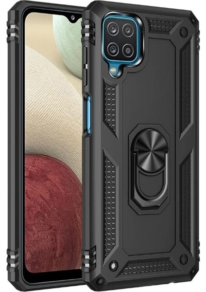 Samsung Galaxy A12 Kılıf Tank Koruma Vega Standlı Yüzüklü Mıknatıslı Siyah