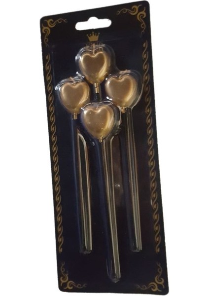 Kalp Şekilli Gold Renk 4 Adet Parti Mumu Çubuklu 15 cm