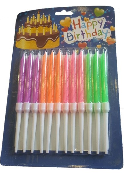 Karışık Neon Renklerde 12 Adet Uzun Parti Mumu