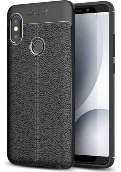 Mi A2 Lite Kılıf Darbe Korumalı Deri Görünümlü Silikon Arka Kapak - Siyah