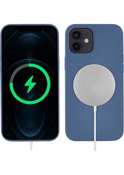 iPhone 12 Kılıf Wireless Magsafe Silikon Kapak Mavi