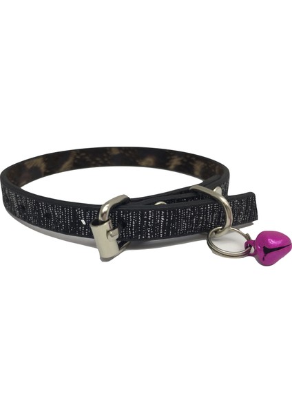 Siyah Üzeri Gümüş Çizgi Desenli Deri & Zilli Kedi Tasması