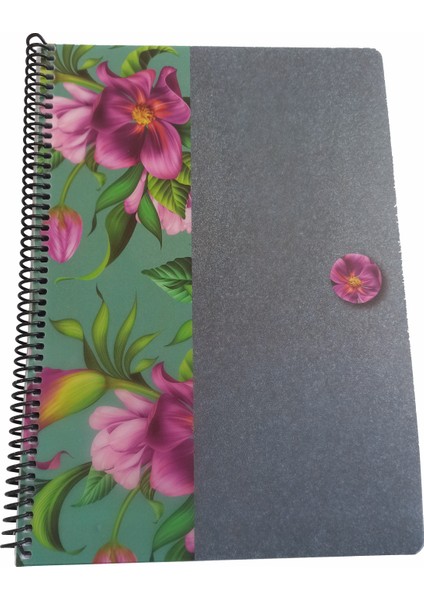 Uni Flowers A4 100 Yaprak Kareli Spiralli Plastik Kapak Çiçek Defter Gri