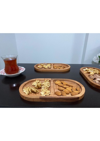 3 Adet Iki Bölmeli Ahşap Sunumluk Çerezlik Kahvaltılık