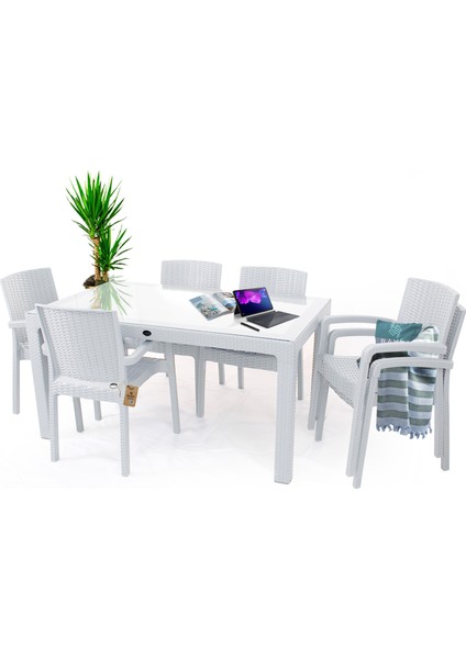 Violet 6 Kişilik 90X150 Camlı Rattan Desenli Masa Takımı 4 Renk Seçeneği