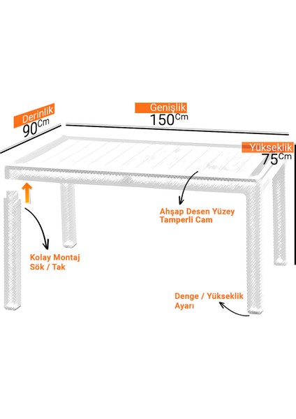 Violet Rattan Desenli 4 Kişilik 90X150 Camlı Bahçe Takımı