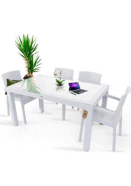 Rattan Masa Takımı 90X150 Camlı Masa 4 Kişilik Bambu Sandalye Seti Bahçe Balkon Teras Takımı